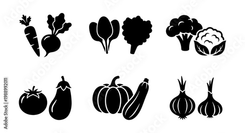 Black vegetable icons set, organic food silhouettes, 12 fresh garden produce vectors