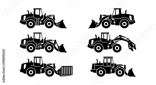 Wheel loader silhouette set, heavy construction machinery icons, 6 industrial vectors