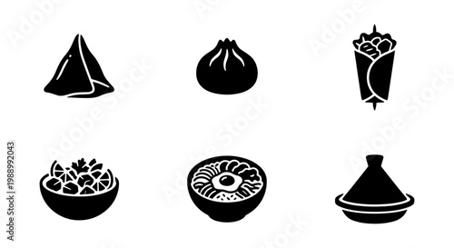 Global street food icon set, black silhouette world cuisine vector, 6 culinary symbols