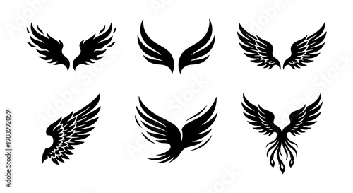 Black wing silhouettes, 6 bird wing vector icons, eagle and phoenix feather wings