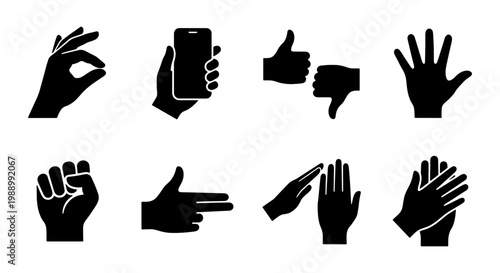 Black hand gesture icons, human palm and finger silhouettes, 8 vector sign elements