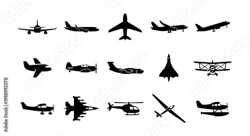 Airplane silhouette icons, 15 aircraft vector set, aviation transport symbols