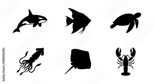 Marine animal silhouette set, 6 sea life icons, aquatic wildlife vector collection