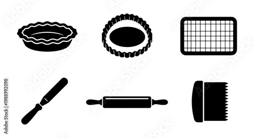Baking tools icon set, 6 black kitchen utensils, pastry equipment vector silhouettes