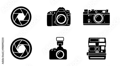 Photography camera icon set, black dslr and retro camera vectors, 6 lens shutter icons
