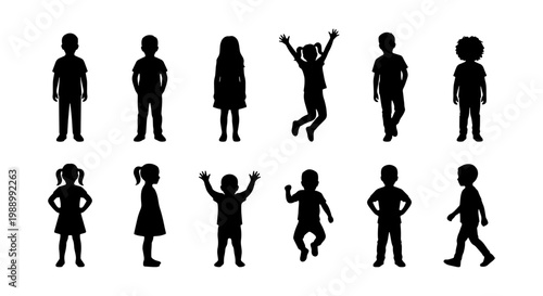 Children silhouettes set, 12 kids icons, jumping and standing boy and girl vector