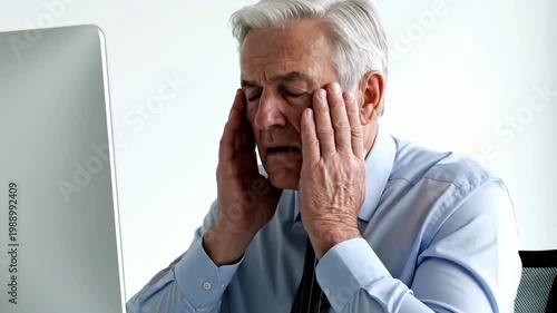 A stressed businessman experiencing frustration while working on his computer in a video