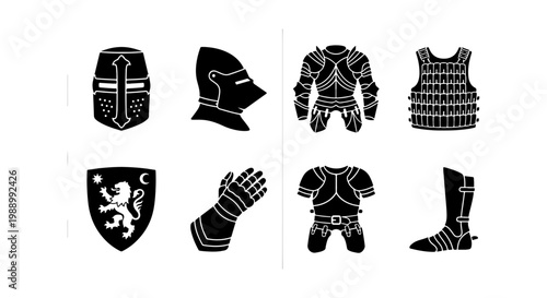 Medieval knight armor icons, 8 black warrior equipment vectors, ancient battle gear set