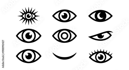 Minimalist eye icons set, black human eyeball symbols, 9 vision vector elements