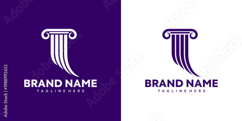 Two logos with column design and brand name on purple and white backgrounds