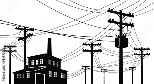 Complex Network of Electric Utility Poles and Power Lines with Industrial Factory Silhouette for Energy Infrastructure and Urban Power Grid Design