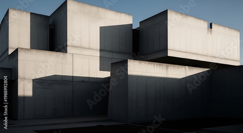 Modernist concrete building with brutalist architectural design, featuring robust geometric forms, dramatic shadows, and a powerful interplay of light.