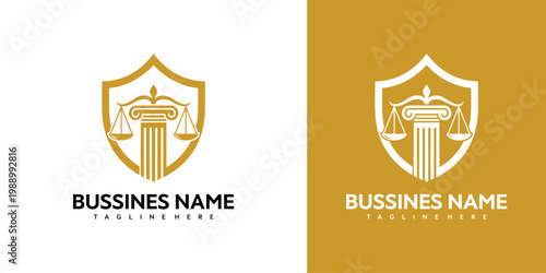 Business logos with shield and column illustrations appear on white and gold backgrounds