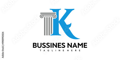 A business logo features a large blue letter on top of a grey column with a company name and tagline below.