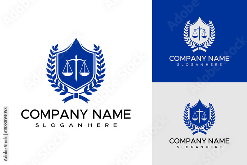A company logo features a shield with scales surrounded by leaves on a white background with blue accents and text.