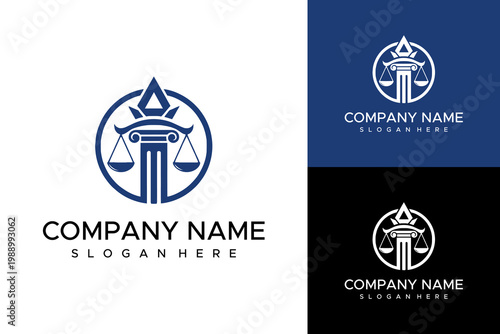 A logo design featuring a scale and column appears on a white background alongside variations on blue and black backgrounds.
