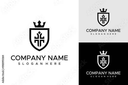 A logo design featuring a shield with a crown and cross displayed on a business card template with company name and slogan