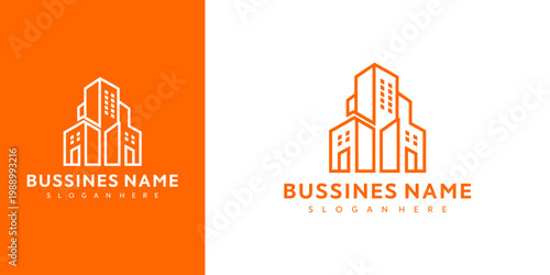 Business logos with buildings are displayed on orange and white backgrounds