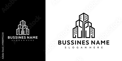 Business logo features buildings with Bussines Name and slogan on white and black backgrounds