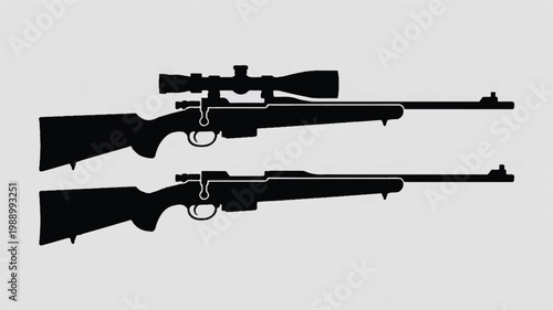 Two minimalistic black silhouettes of rifles are stacked on a grey background