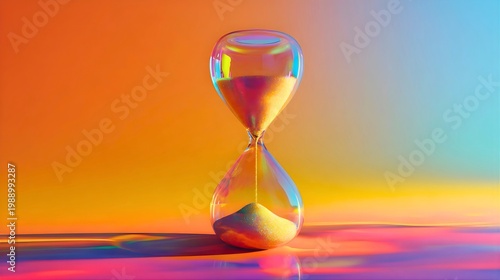 Glass hourglass with flowing sand on colorful gradient background symbolizing time passage patience and urgency in modern abstract concept art