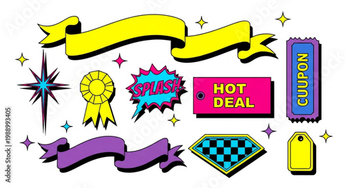 Colorful assortment of graphic elements, including banners, tags, and badges, for dynamic promotions, marketing campaigns, and creative design projects