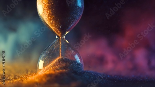 Hourglass with flowing sand on a dark colorful background symbolizing time passage and urgency in a dramatic artistic representation