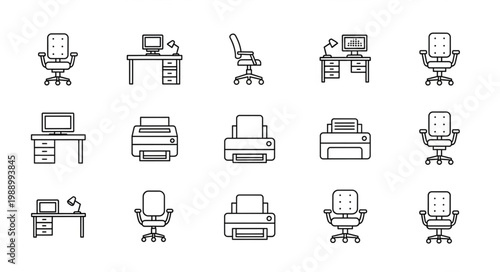Collection of office furniture and equipment icons in a simple line art style.