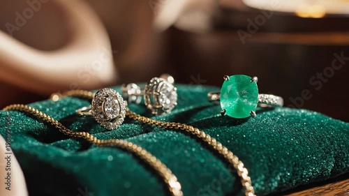 Shimmering green velvet jewelry pouch with gold and silver necklaces and gemstone rings in warm sunlit interior