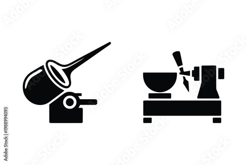 Industrial metalworking icons of molten pouring and lathe machining