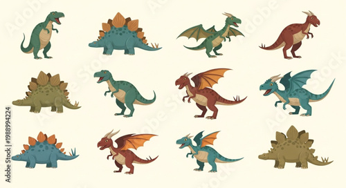 Collection of cartoon dinosaurs and dragons in various poses.