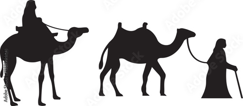 Bedouin leading a camel while another person rides behind