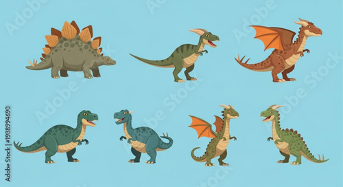 Collection of cartoon dinosaurs and fantasy dragons on blue background.