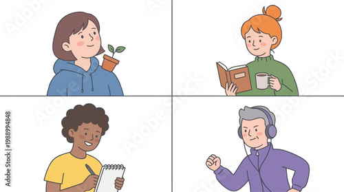 Four diverse individuals engaged in various hobbies like gardening, reading, drawing, and listening to music or exercising.