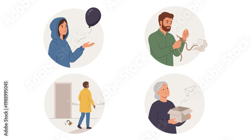  various forms of loss and sadness, including a person letting go of a balloon, a man with a broken chain, someone leaving an item behind, and an elderly woman with an empty box.