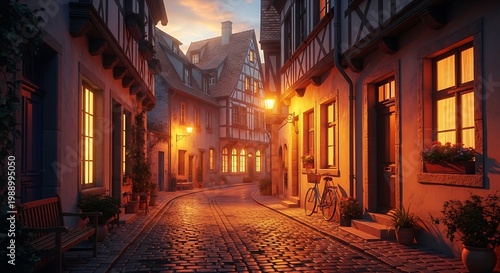 A charming cobblestone street in a historic European town glows warmly at dusk, illuminated by windows and old-fashioned streetlights.