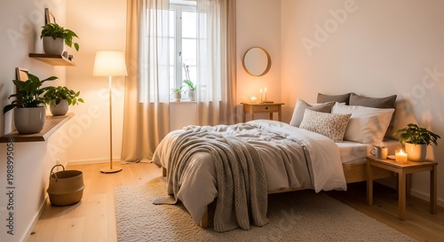 This cozy, minimalist bedroom showcases a comfortable bed with neutral bedding, warm ambient lighting, natural wood furniture, and lush green plants.