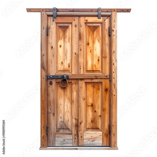A wooden sliding barn door with rustic texture and metal hardware