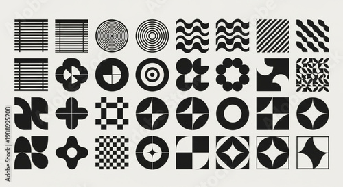 Explore a dynamic collection of abstract black and white geometric patterns, perfect for contemporary graphic design projects requiring a minimalist and retro-inspired visual language