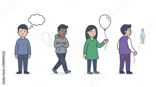 Four cartoon people illustrating various human emotions, thoughts, and states of mind, including contemplation, sadness, joy, and loss.