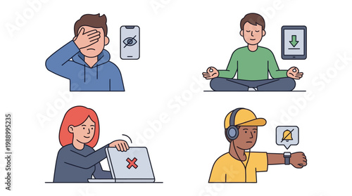 Four illustrations depicting people engaging in digital detox, mindfulness, and disconnecting from smartphones, laptops, and smartwatches to reduce screen time and distractions.