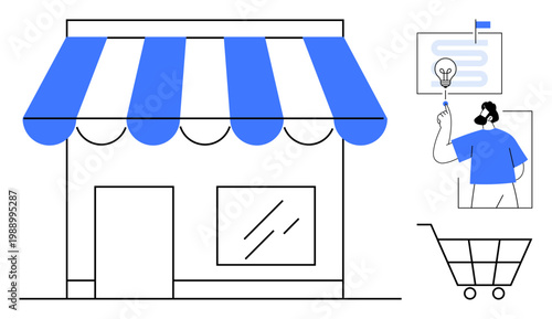 E-commerce, retail strategy, online shopping, brick-and-mortar stores, business growth, marketing ideas, customer experience. Simple storefront with digital elements. E-commerce and retail strategy