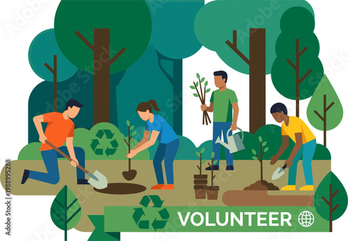 People planting trees in forest with volunteer help and teamwork