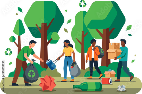 People collecting trash in a park with trees and recycling