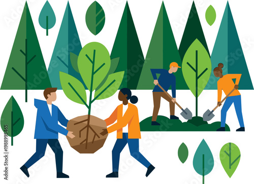People planting a tree in forest with coworkers