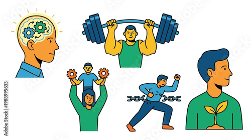 Illustrations depicting personal growth, mental strength, physical fitness, teamwork, and overcoming challenges.