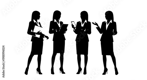 Women business professionals in black silhouette with business attire and technology featuring corporate, office, communication with collaboration