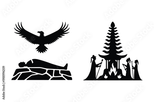 Ritual burial ceremony with eagle and traditional asian pagoda silhouettes