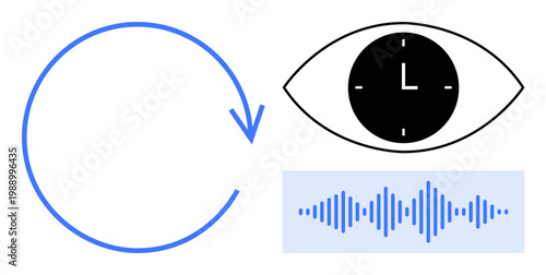 Time concept. Clock symbol integrated into an eye, sound wave element, and circular arrow synchronization and communication. Time efficiency, awareness, and cyclic processes. Perfect for technology