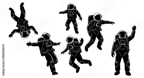 Astronauts floating in space with dynamic poses and detailed suits featuring zero gravity, black and white, vector illustration with sci-fi and